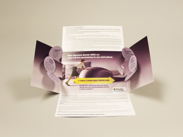 "6 Things You Need to Know about Pristiq" -- a pop up mailer for Pfizer's Pristiq medication. 